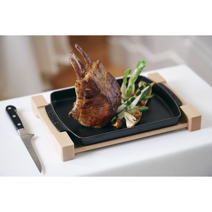 Cast Iron - Accessories, 13-inch x 9-inch, Rectangular Serving Dish With Wood Base, Black Matte, large 3